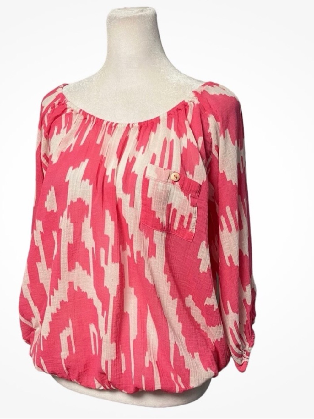 J. Crew Pink and Cream Printed Peasant Top